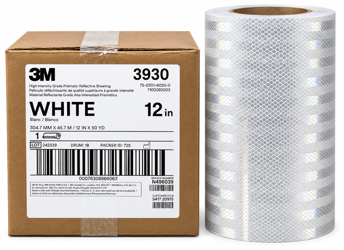 3M™ High Intensity Grade Prismatic Reflective Sheeting 3930, White, 12 in x 50-yard Roll - 7 Day Processing