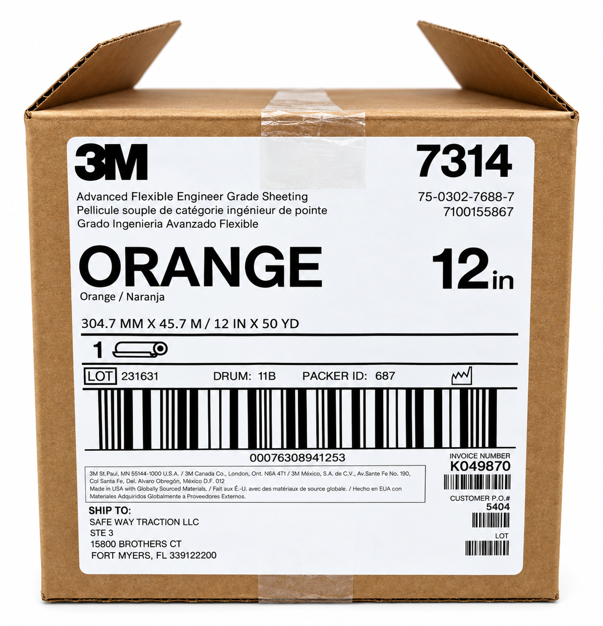 3M™ Advanced Flexible Engineer Grade Reflective Sheeting 7314, Orange, 12 x 150' Foot Roll - MOQ is 4 Rolls