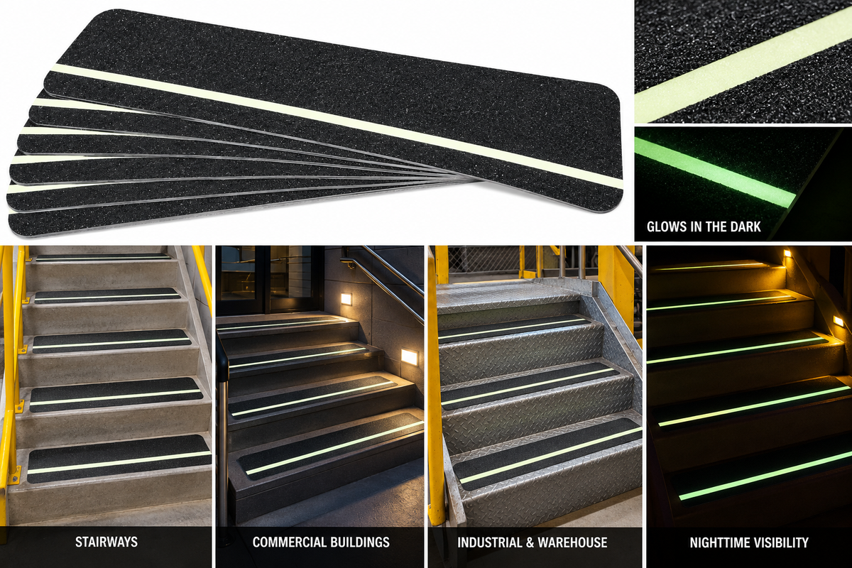 6" X 24" BLACK with GLOW Stripe 80 Grit Non-Slip Abrasive Tread - Case of 24