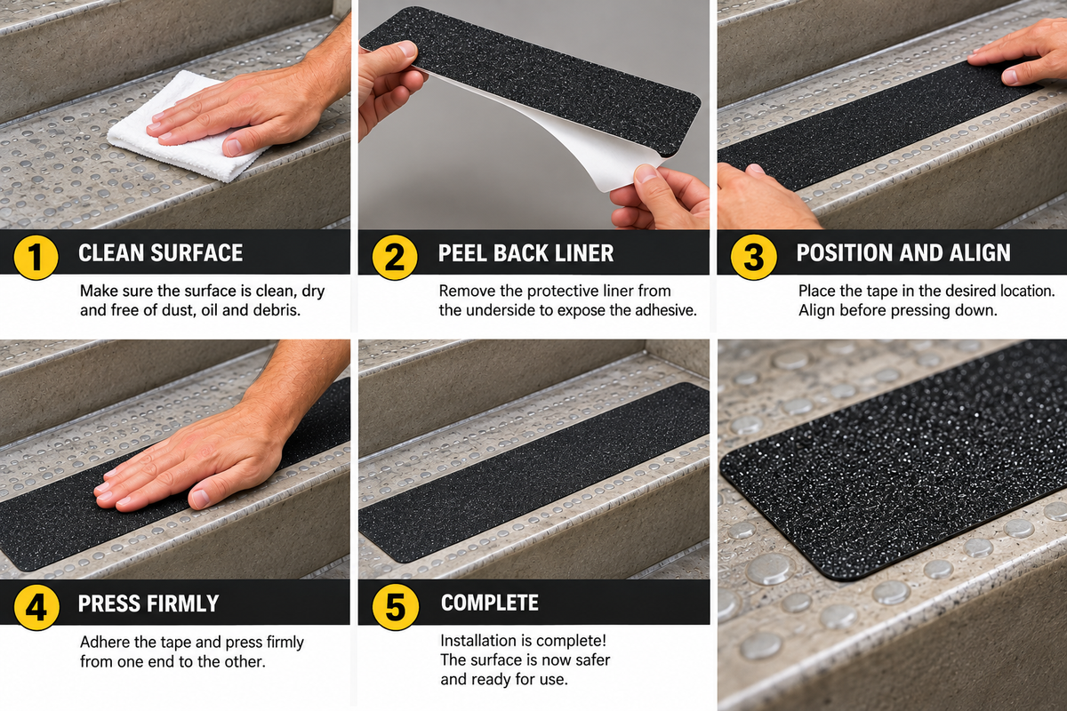 Peel and Stick installation of the black silicon carbide texture on Safety Track 3100 anti-slip tape