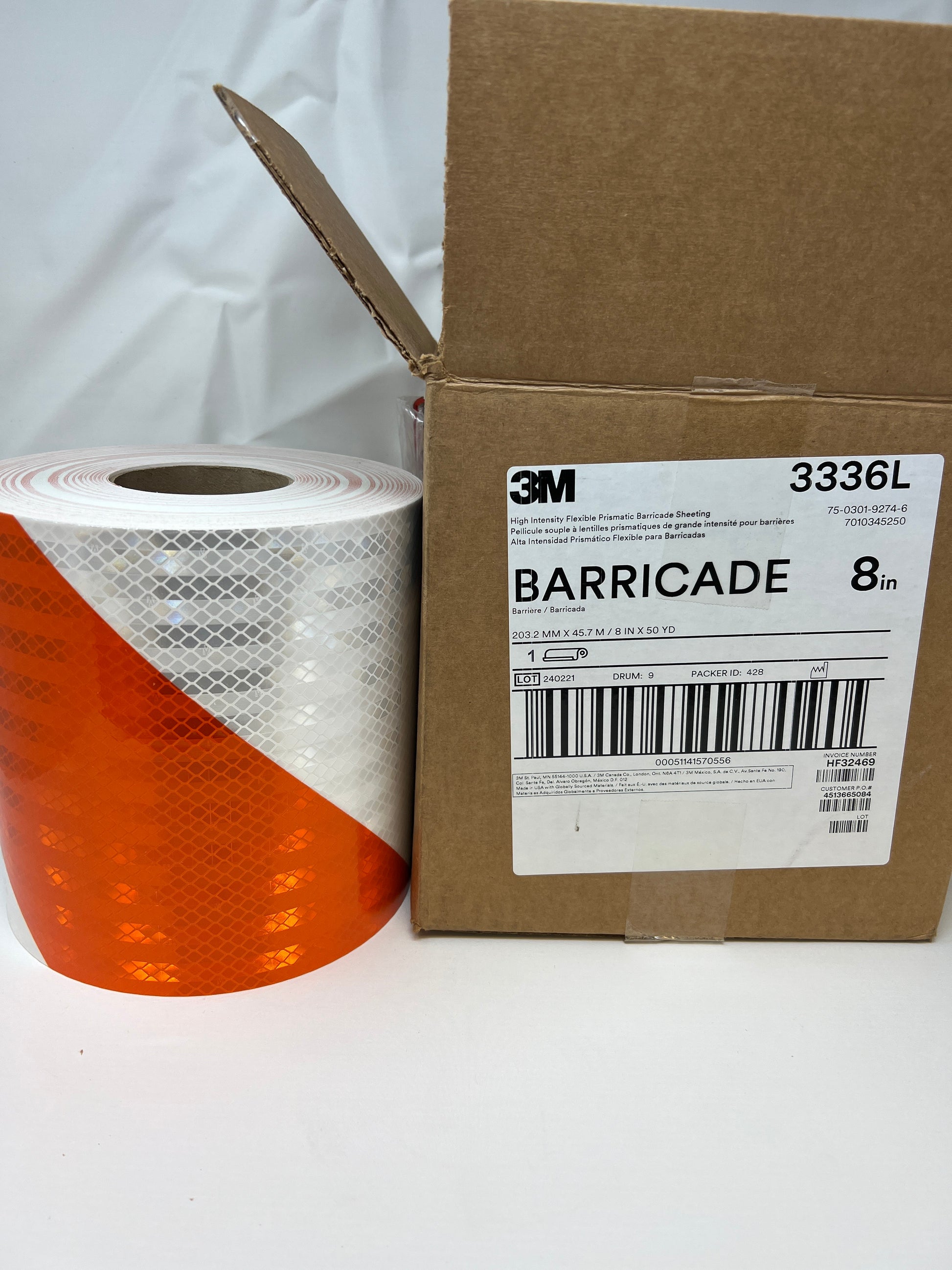 8" x 150' Roll 3M 3336L High Intensity Prismatic Barricade Reflective Sheeting Safety Tape 6" Orange 6" White Alternating Left Slant Stock # 7010345250 UPC 00051141570556