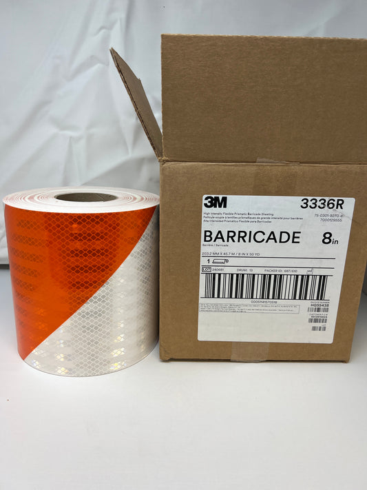 8" x 150' Roll 3M 3336R High Intensity Prismatic Barricade Reflective Sheeting Safety Tape 6" Orange 6" White Alternating Right Slant Stock # 7000129555 UPC # 00051141570518