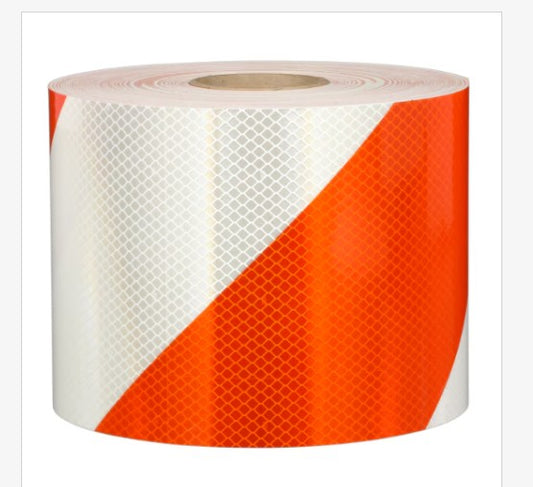 8" x 150' Roll 3M Flexible Prismatic Retroreflective Barricade Sheeting Safety Tape Orange / White 6-inch Stripe/Right Slant