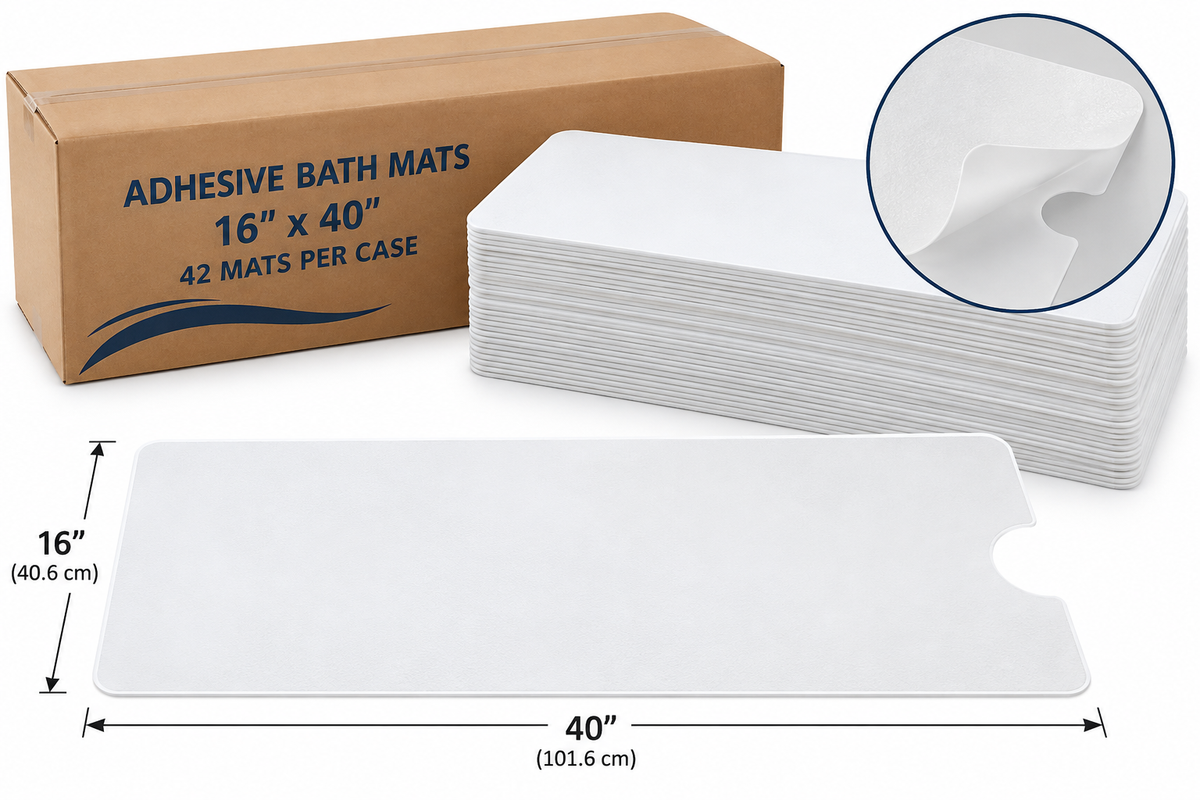 Case of 42 Mats - 16" x 40" WHITE Textured Non-Slip Adhesive Bathmat with Drain Cut Out - In Stock
