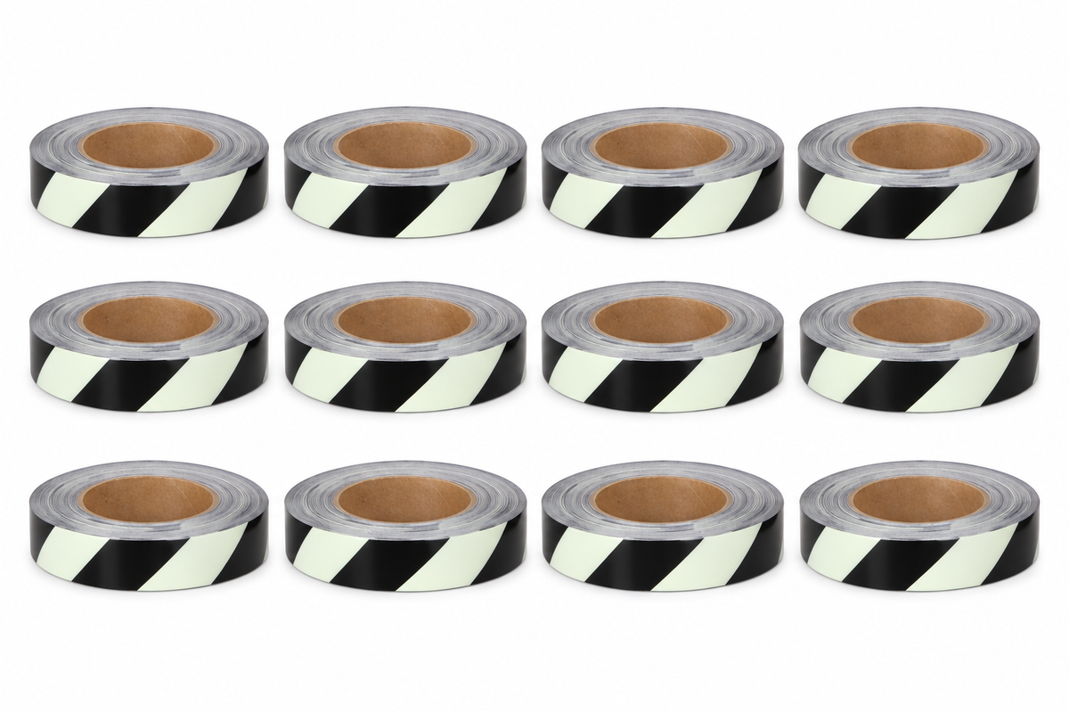 Meets New York City Construction Code MEA No. 241-05-M - Pkg. of 12 Rolls - 1" x 100' BLACK & GLOW IN THE DARK Striped Safety Tape