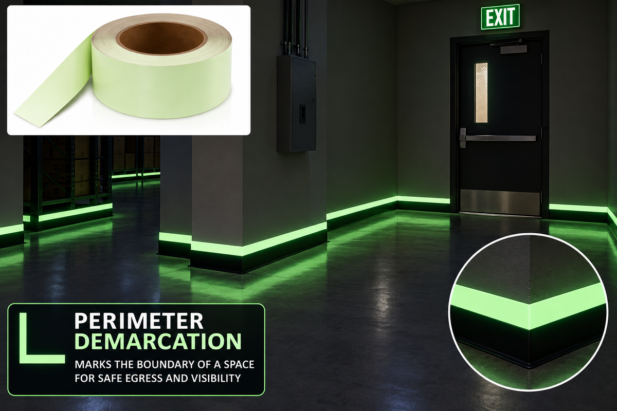 Meets New York City Construction Code MEA No. 241-05-M - 1" x 100' GLOW IN THE DARK Emergency Egress Tape - Case of 12 Rolls - 5-day processing