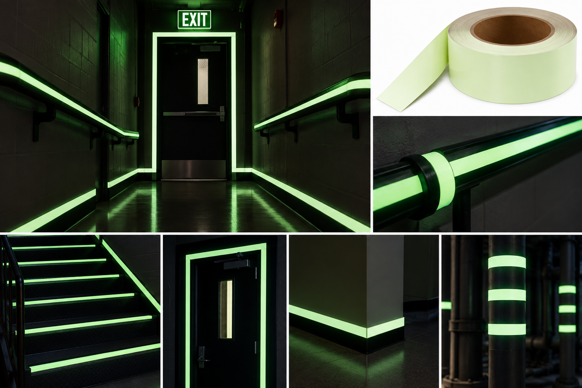 Meets New York City Construction Code MEA No. 241-05-M - 1" x 100' GLOW IN THE DARK Emergency Egress Tape - Case of 12 Rolls - 5-day processing