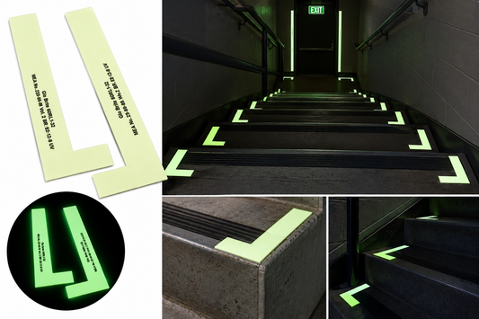 Meets New York City Construction Code MEA No. 239-05-M - 1" x 3" x 9" Set of L & R, GLOW IN THE DARK L Stair Marker with Foam Tape - 100 sets - 5-day processing