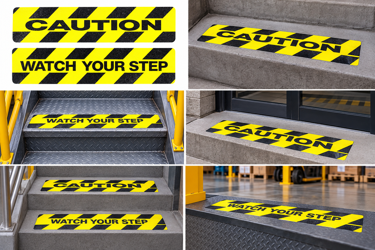 6" x 24" Black / Yellow Non-Skid Stair / Step Message Treads