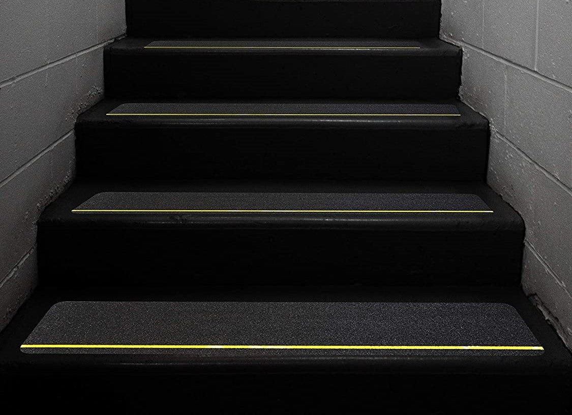 6" X 24" BLACK with Yellow REFLECTIVE Stripe Non-Skid STEP TREADS - Pkg of 10