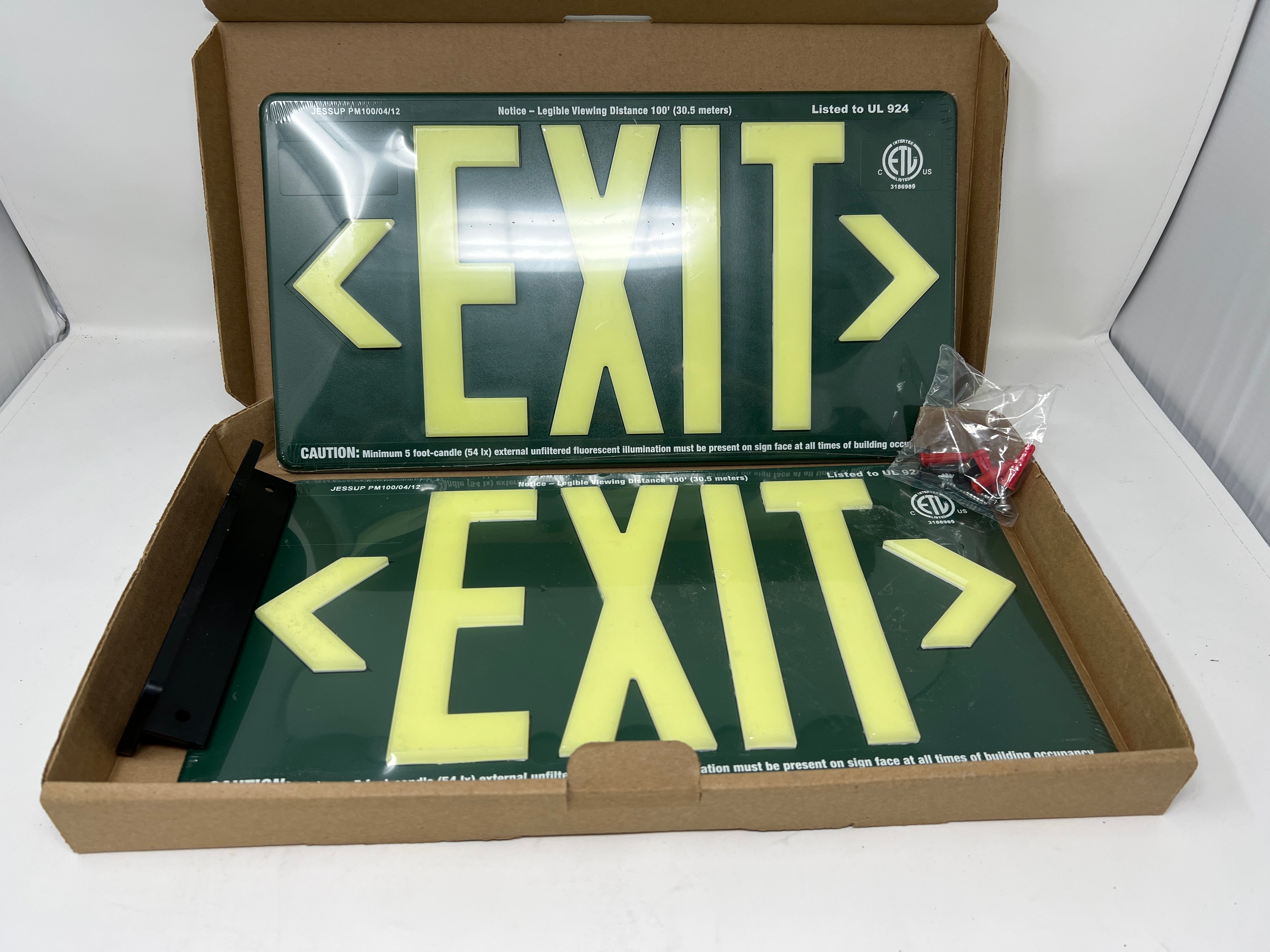 NEW OLD STOCK - OPEN BOX - SPECIAL OFFER - 90% Off - Glo Brite 7082-B Photoluminescent Double Sided Directional Exit Sign - PM100 Green - See Description & Images