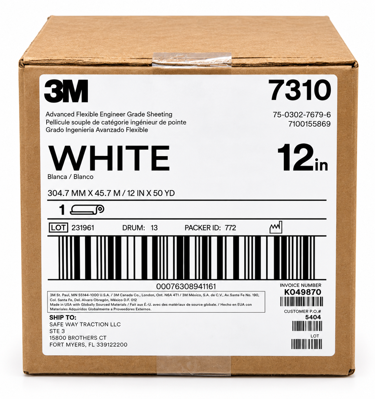 3M™ Advanced Flexible Engineer Grade Reflective Sheeting 7310, White, 12 in. x 150' Roll (MOQ is 4 Rolls)