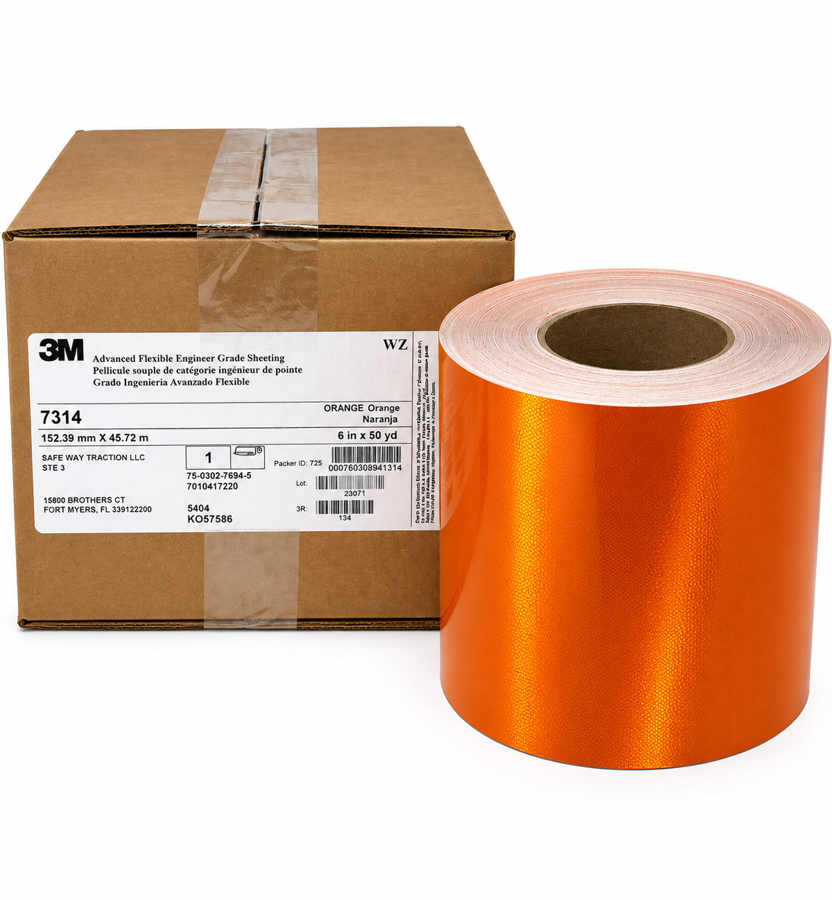 3M™ Advanced Flexible Engineer Grade Reflective Sheeting 7314, Orange, 6-inch x 150' (MOQ is 6 Rolls)