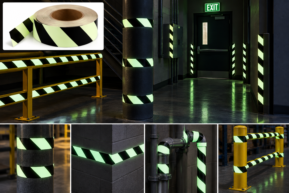 1" x 100 ft. Roll Black / Stripe - Meets UL 1994 and New York City Construction Code - GLOW IN THE DARK IBC Printed Safety Tape - For obstacle marking