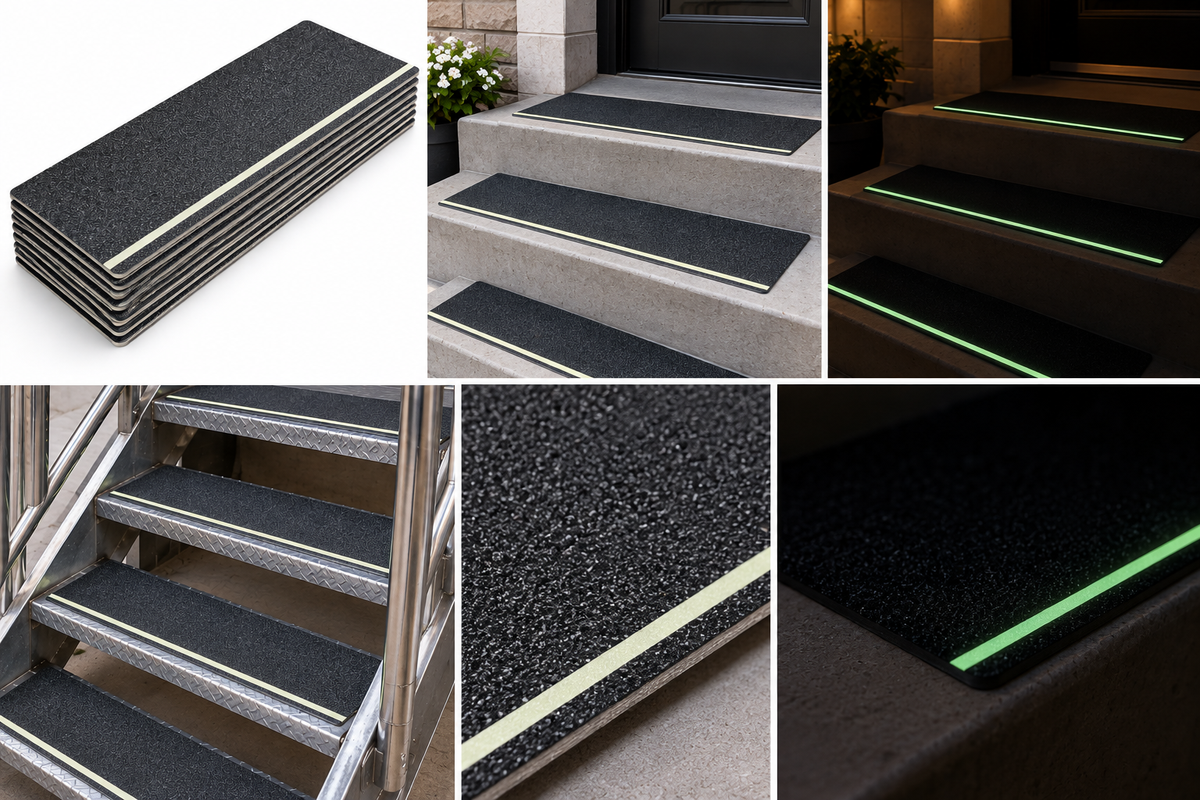 6" X 24" BLACK w GLOW Stripe Abrasive Non-Skid STEP TREADS - Pkg of 10 - Limited Stock