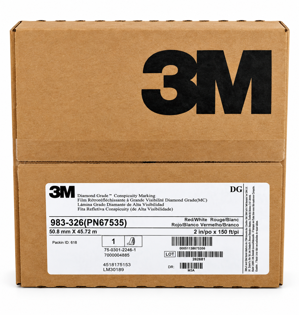 30 Foot Roll of 3M 983 (PN67535) DOT Reflective Conspicuity Tape 2 Inch Wide - 6” RED / 6” WHITE Pattern
