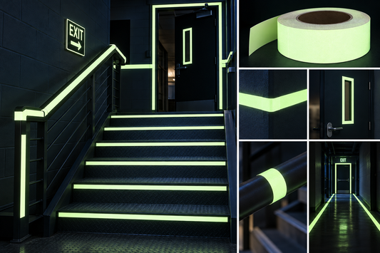 1" Wide x 100 Foot Roll - Meets UL 1994 and New York City Construction Code - GLOW IN THE DARK IBC Printed Safety Tape - For handrail and hazard marking