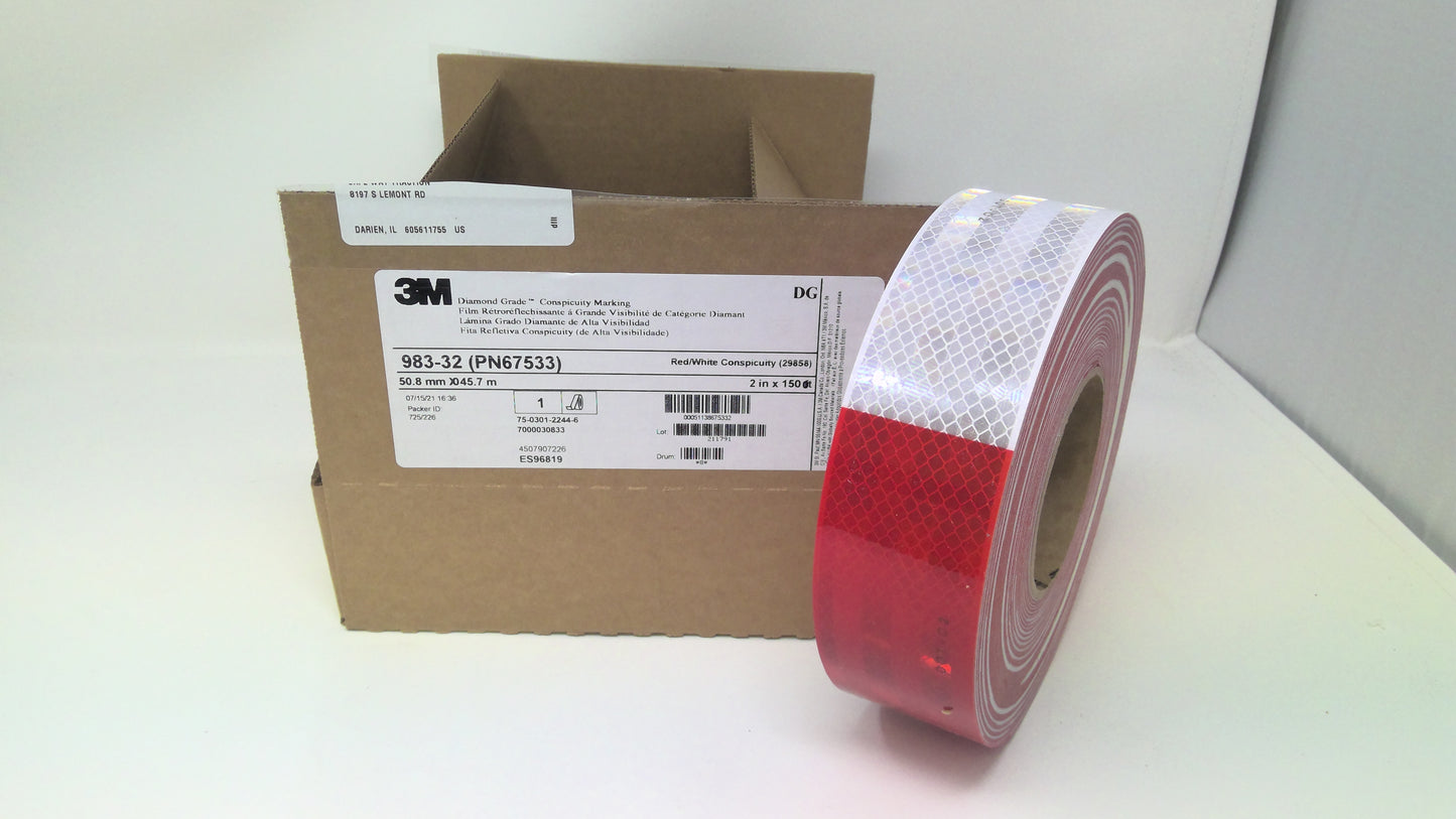 2" Wide x 15' Foot Cut Roll** 3M 983 Series DOT Reflective Conspicuity Tape 11” Red / 7” White Pattern