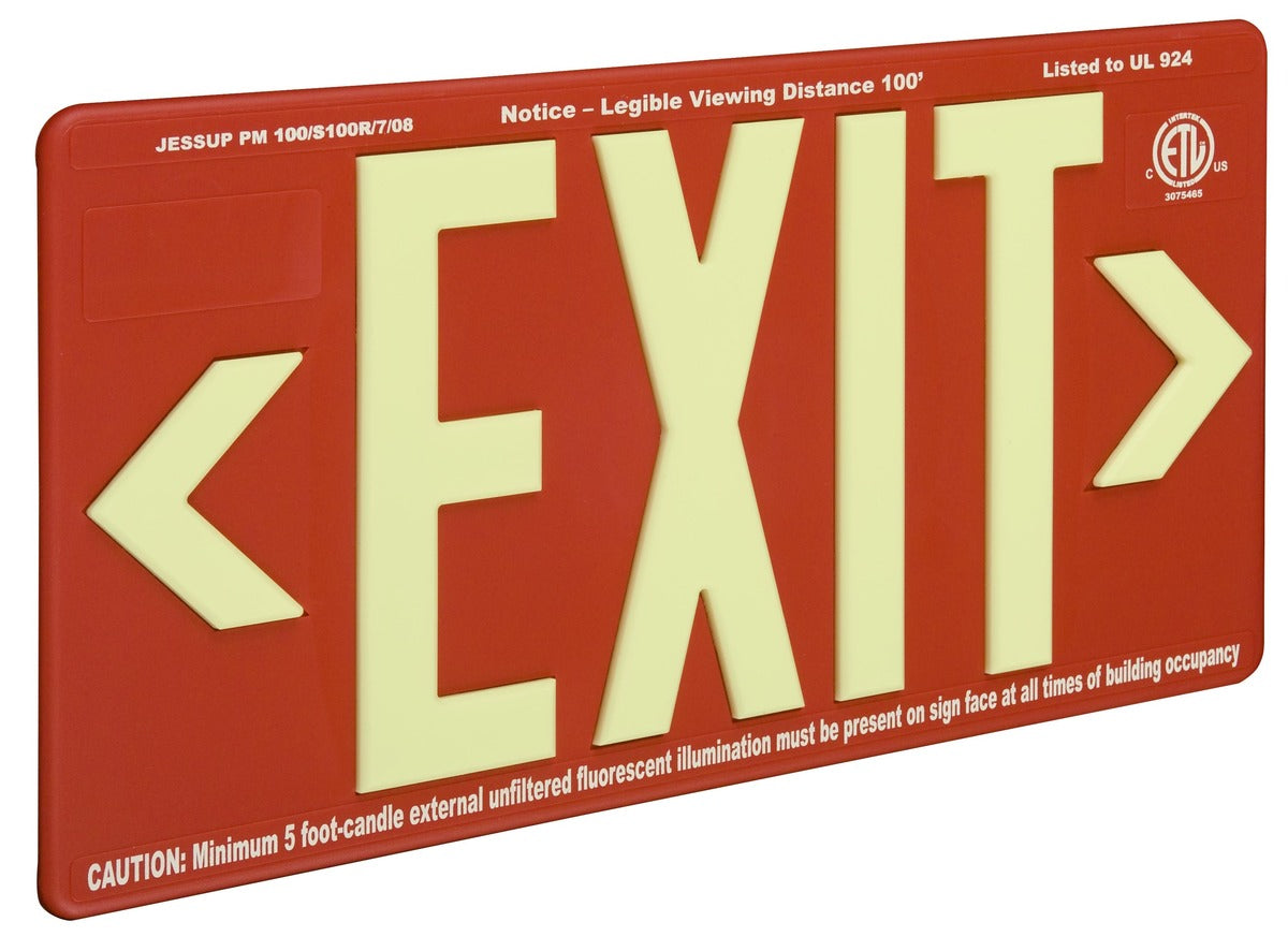 Indoor/Outdoor 100 ft. Viewing - Glo Brite 7070-B Photoluminescent Single Sided Directional Exit Sign - PM100 Red