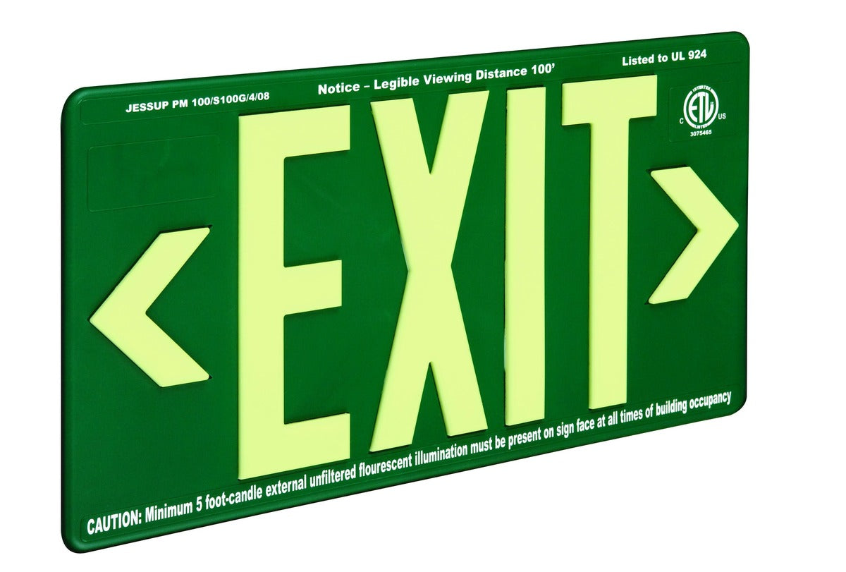 Indoor/Outdoor 100 ft. Viewing - Glo Brite 7082-B Photoluminescent Double Sided Directional Exit Sign - PM100 Green - Special Order - No Return