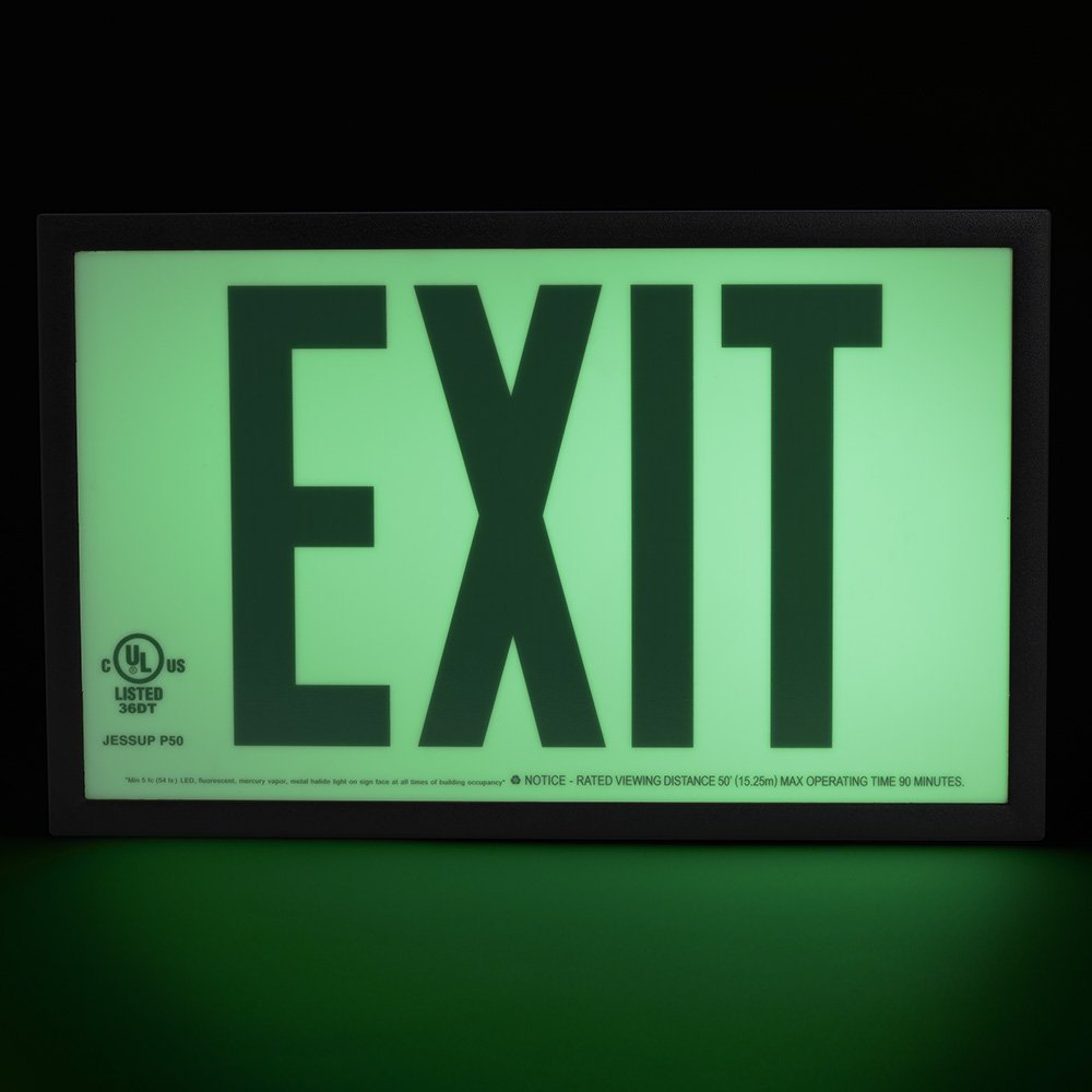 Jessup Glo Brite 7220 Photoluminescent Single Sided Indoor Egress Exit Sign P50 Green